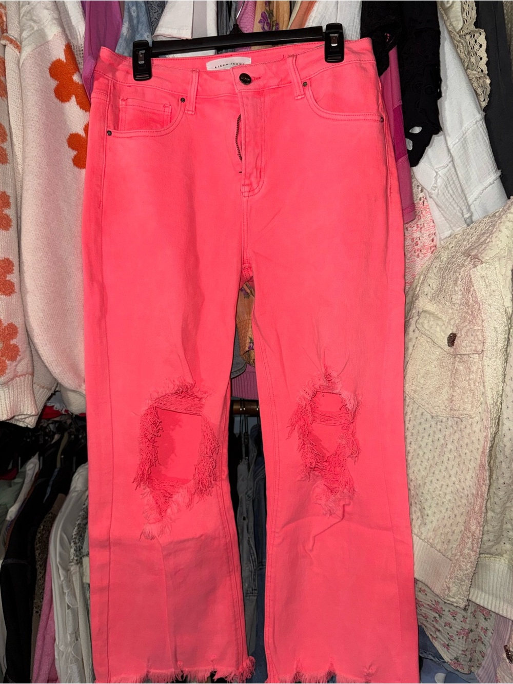 Risen Distressed Women's Jeans in Neon Pink